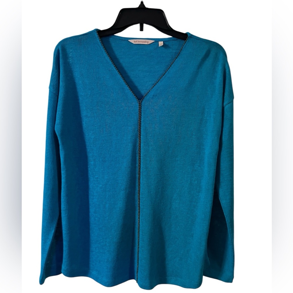 Soft surroundings aqua teal V-neck long sleeve beaded size small lightweight